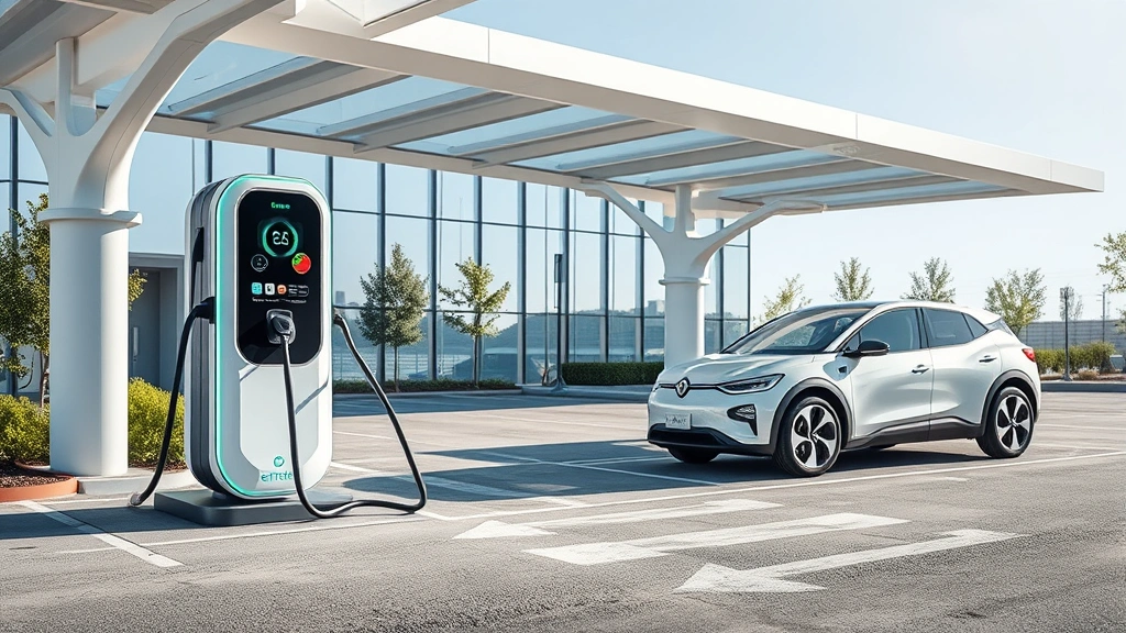 Electric vehicle charging at modern station with futuristic design, dynamic composition, clean energy aesthetic, bright daylight, contemporary architecture