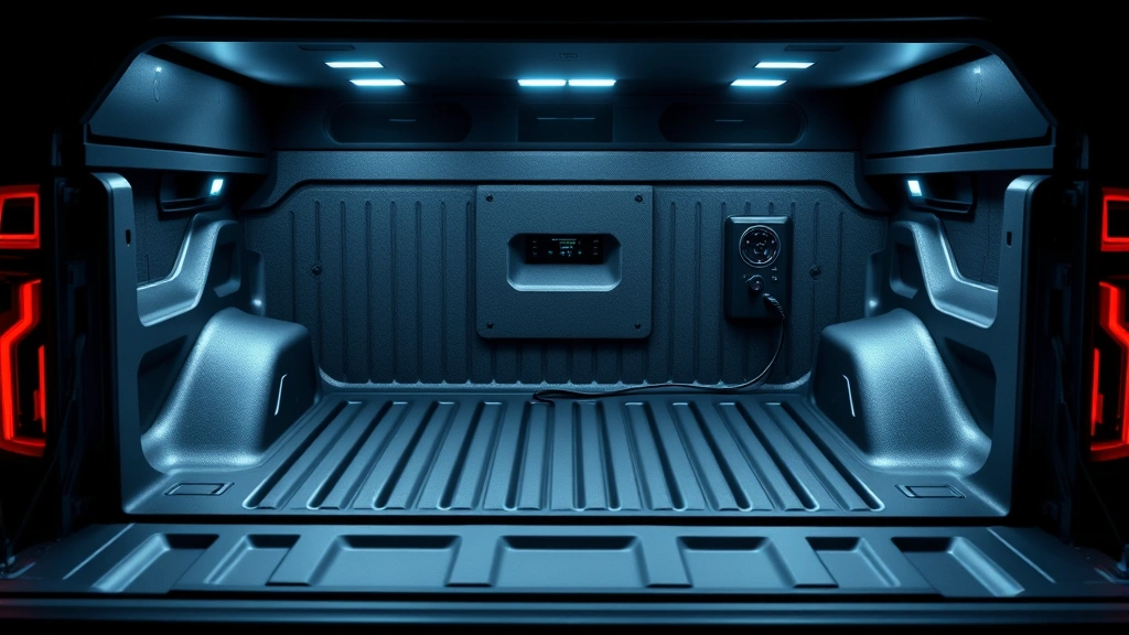 Chevrolet Silverado EV full-size electric truck bed detail showing integrated power outlets and cargo area, modern truck design, photorealistic automotive image