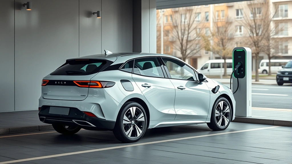 Compact electric sedan charging at modern charging station with minimalist design, clean urban background, emphasizing eco-friendly transportation technology