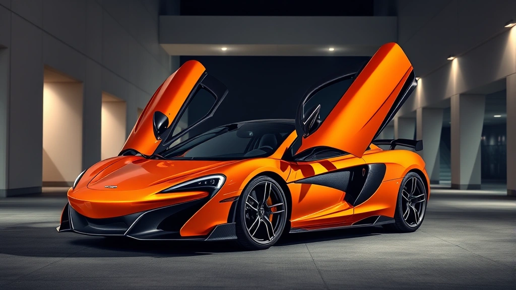 McLaren 570S British supercar in orange with butterfly doors open, parked in modern architectural setting with dramatic lighting emphasizing sleek carbon fiber design details
