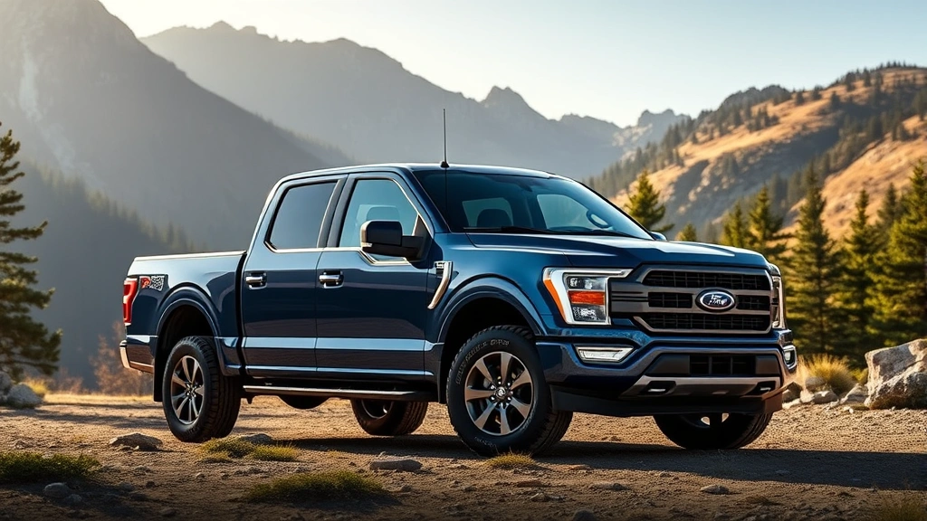 2024 Ford F-150 pickup truck deep blue metallic finish parked in mountainous terrain with rugged landscape and evergreen trees surrounding, dramatic natural lighting