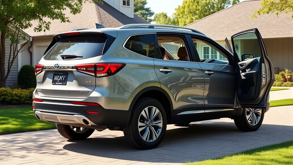 Three-row family SUV photographed from three-quarter angle in suburban driveway setting, emphasizing spacious design and practical proportions, natural daylight