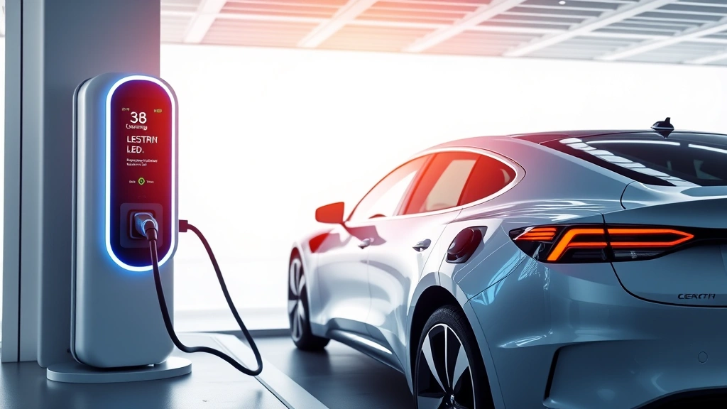 Electric vehicle charging at modern charging station with LED display, futuristic design, clean minimalist background, daylight