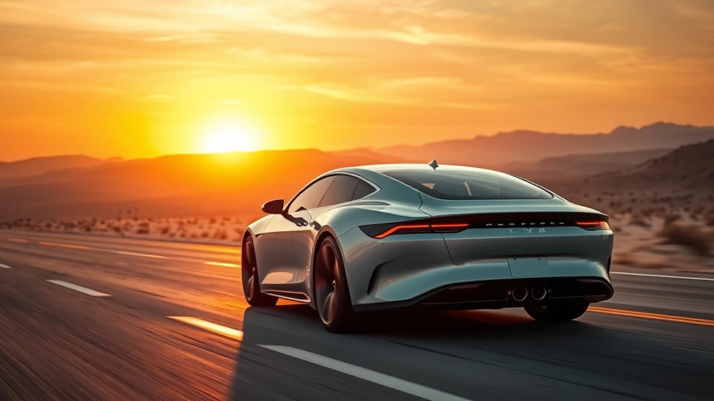 Electric Lucid Air sedan on open highway landscape, sunset lighting, sleek aerodynamic design prominent, high-quality automotive photography, desert or coastal scenery
