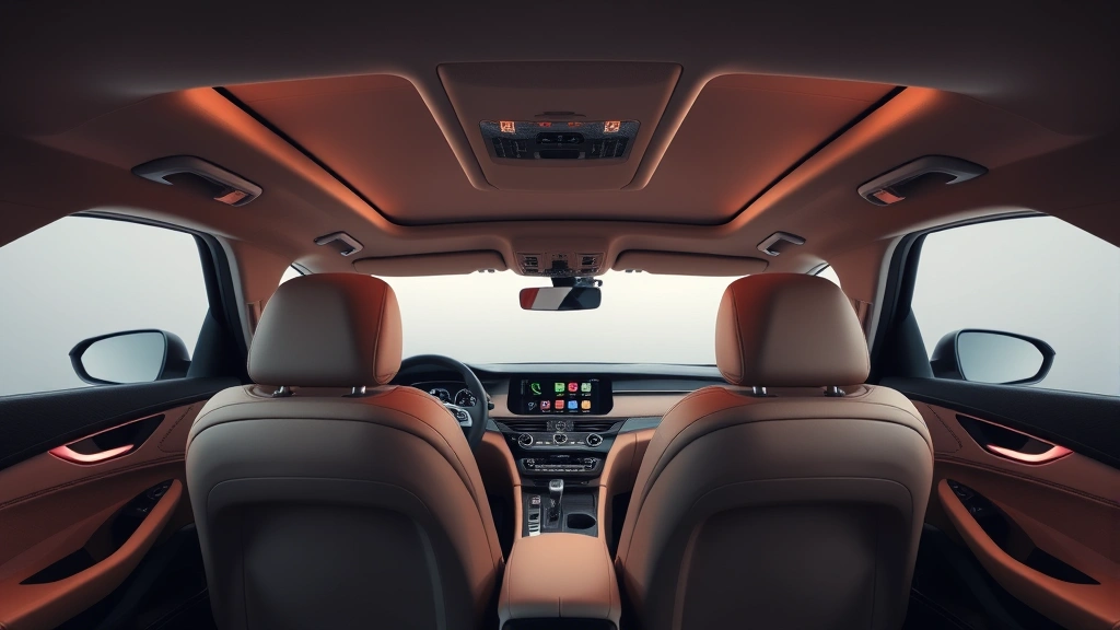 Upscale Genesis G70 sedan interior cabin view featuring curved OLED display, premium leather seats, ambient lighting, and minimalist dashboard design in warm neutral tones