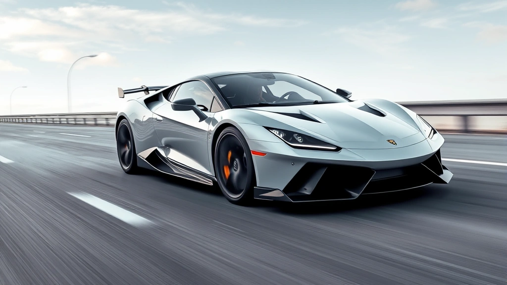 High-performance sports car in motion on smooth highway, dynamic perspective, aerodynamic design elements prominent, clean photorealistic style