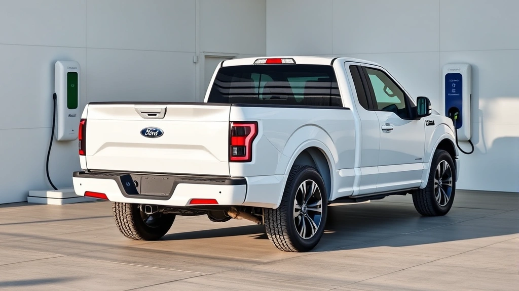 2024 Ford F-150 Lightning electric truck in pearl white, rear three-quarter angle showing full truck bed, modern charging station in background, showcasing practical truck capabilities and sleek EV design