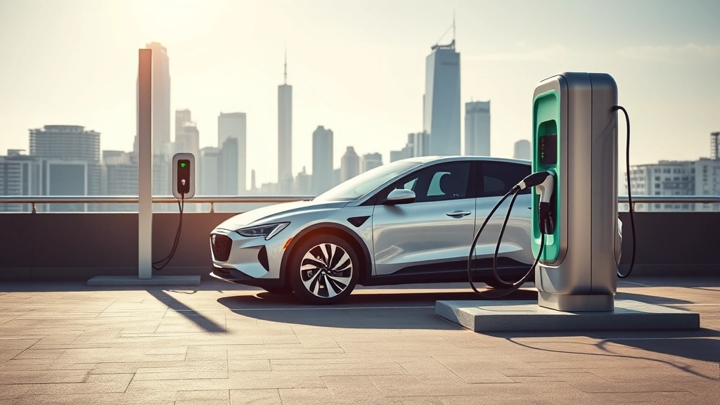 Electric vehicle charging at modern charging station with city skyline background, contemporary automotive imagery, professional photography, daylight scene