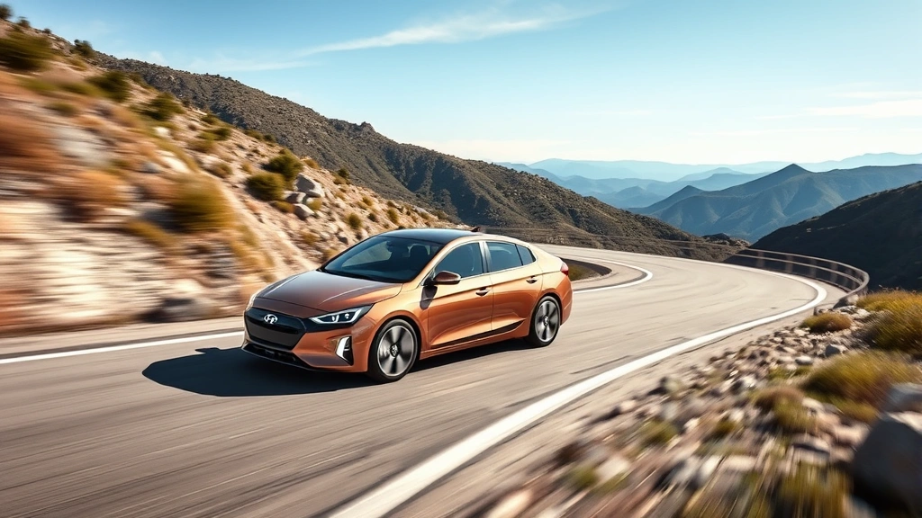Hyundai Ioniq 6 sedan on winding mountain road demonstrating aerodynamic efficiency, futuristic design, scenic background