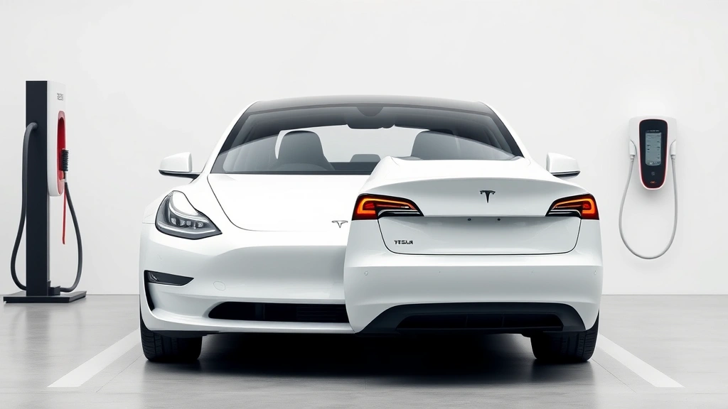 Modern white Tesla Model 3 sedan at charging station with minimalist design aesthetic, futuristic technology focus, clean automotive photography against neutral background