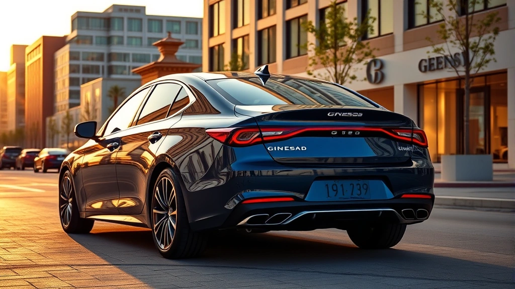 2024 Genesis G70 luxury sedan rear three-quarter view, dark metallic blue paint, sophisticated sculpted design, premium appearance, parked in upscale urban setting with modern buildings, professional automotive photography, golden hour lighting