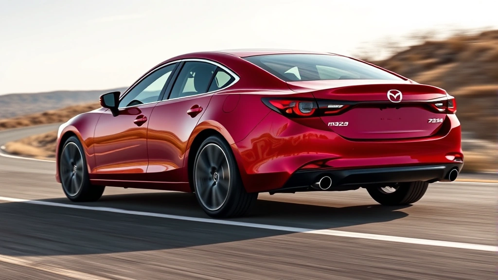 2024 Mazda6 sedan in deep red, photographed from elevated angle showing the complete vehicle on a winding road with dynamic motion blur, highlighting athletic stance and sophisticated design language