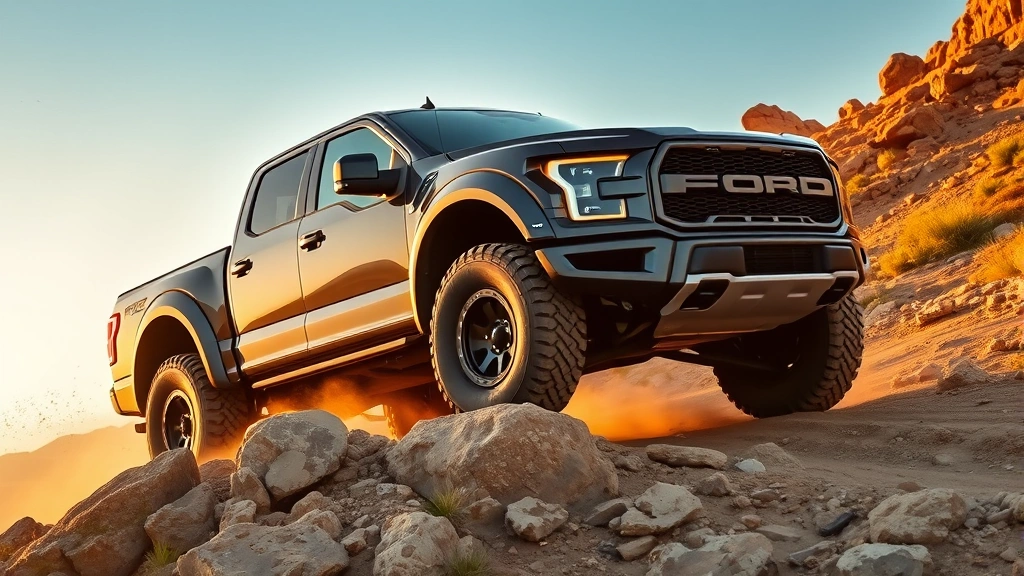 Ford F-150 Raptor truck navigating rocky terrain off-road, twin-turbocharged performance truck with elevated suspension, dynamic action photography showing capability and rugged engineering, golden hour lighting