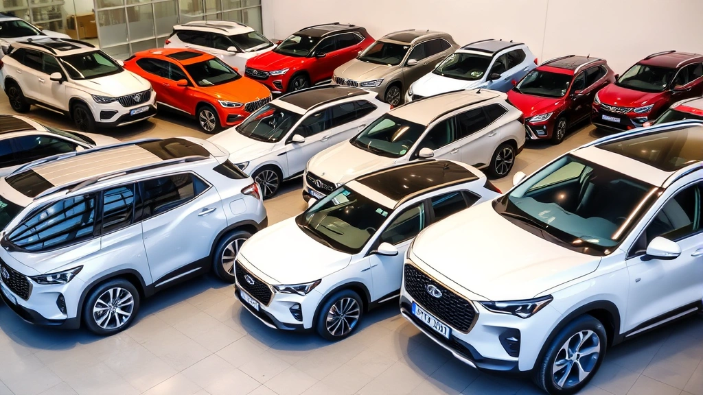 Lineup of diverse SUV and crossover vehicles in a showroom setting, various sizes and colors, professional automotive photography