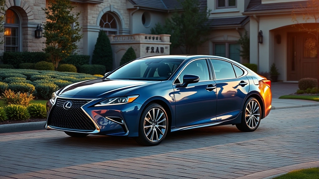 Luxury Lexus ES sedan in metallic blue, photographed in upscale residential driveway with premium landscaping, emphasizing refined styling and comfort-oriented design, golden hour lighting