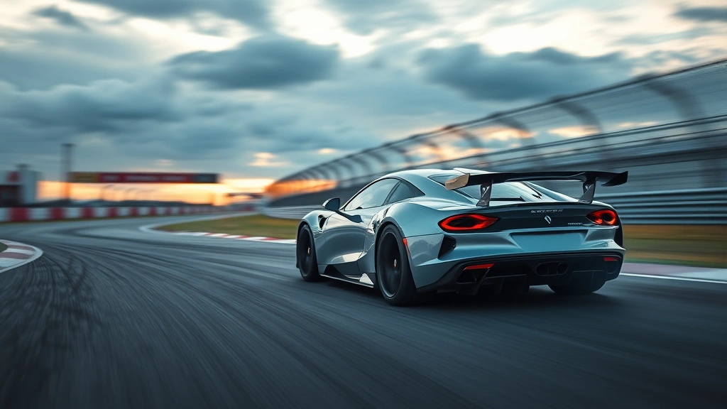 Sports car in dynamic driving position on technical race track, motion blur background, professional racing environment, sharp focus on vehicle body lines and performance wheels, dramatic sky