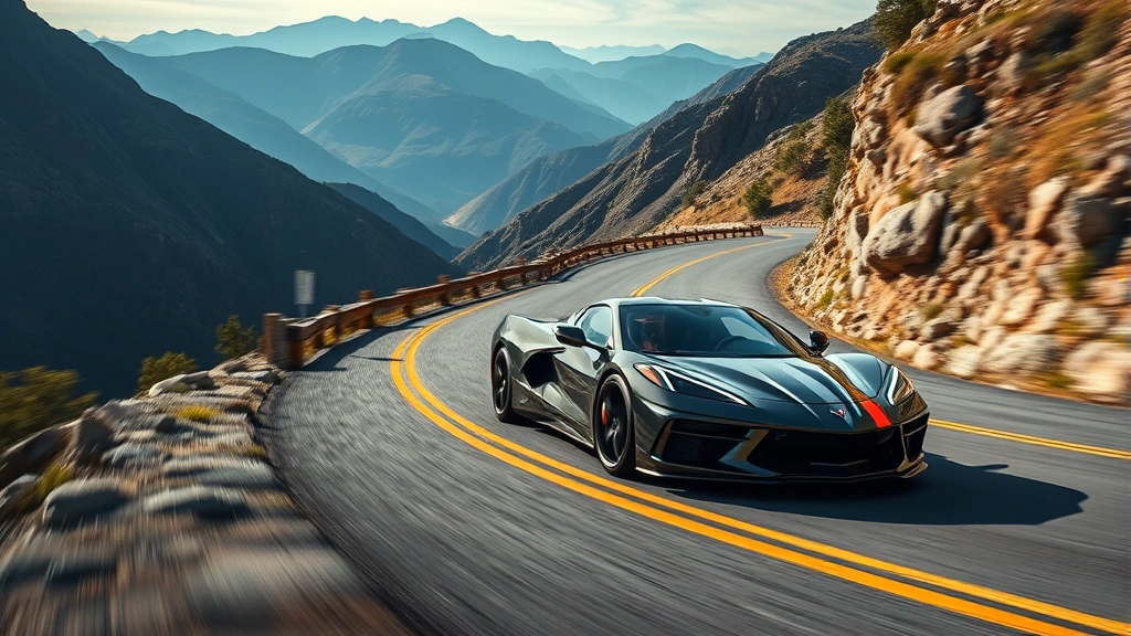 2024 Chevrolet Corvette mid-engine sports car on winding mountain road, action shot emphasizing performance and sleek design, dramatic perspective