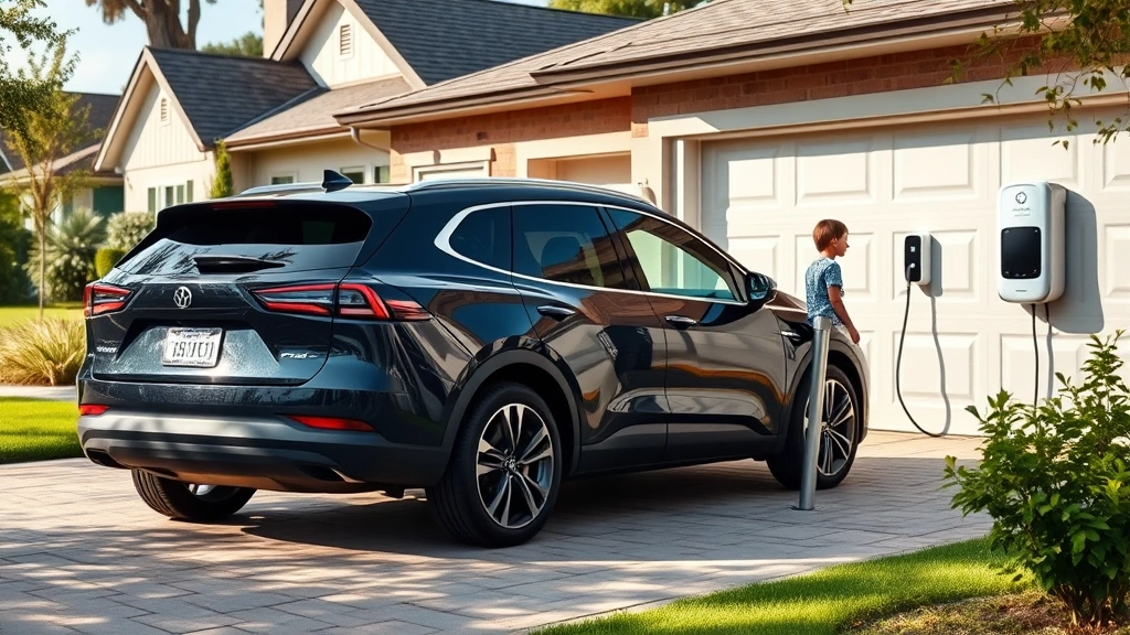 Family electric SUV parked in suburban driveway with home charging station installed on garage wall, natural daylight, residential setting, realistic automotive lifestyle imagery