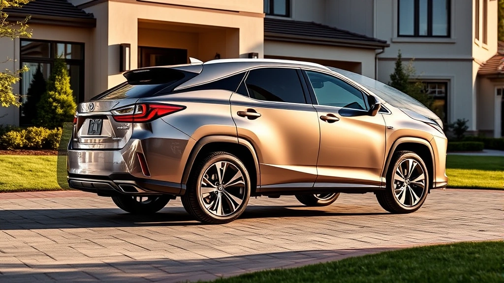 Luxury Lexus RX 500h F Sport Performance three-row SUV photographed from side profile in upscale residential driveway, contemporary home architecture background, polished exterior finish gleaming