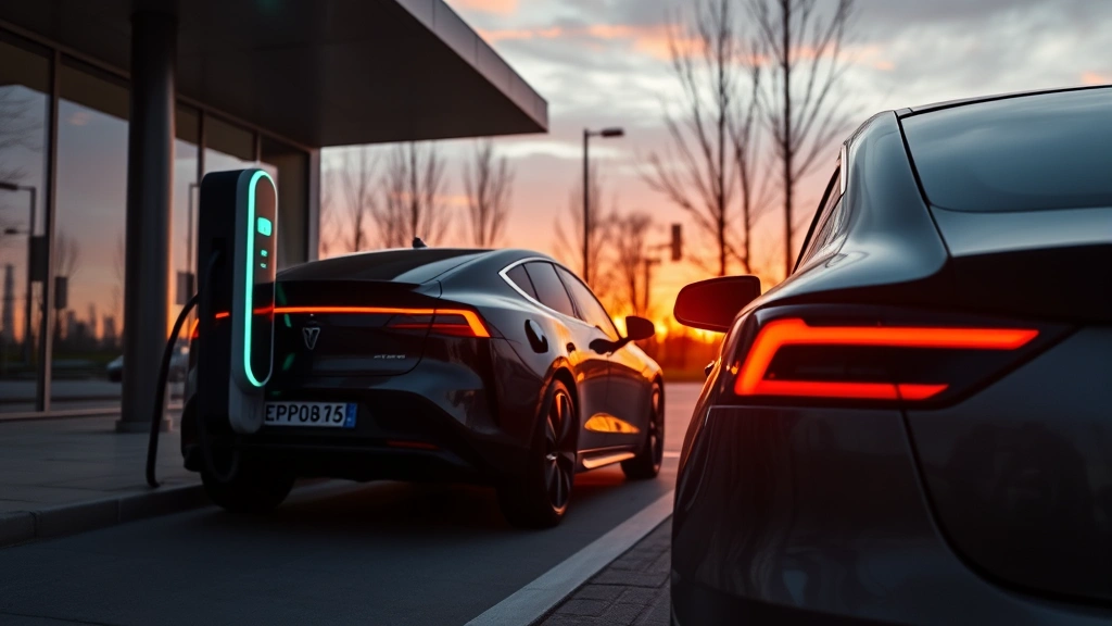 Sleek electric vehicle charging at modern public charging station during sunset, vehicle profile highlighting contemporary design with LED lighting and aerodynamic details
