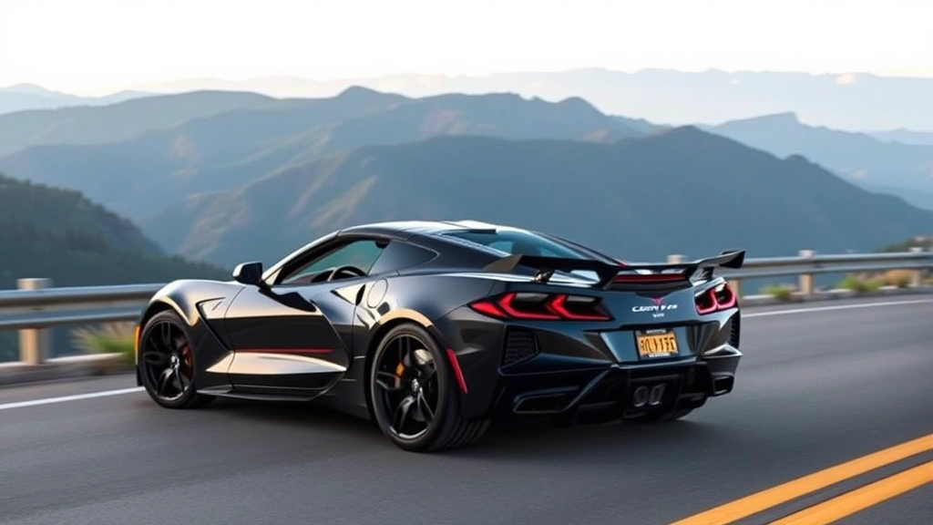 2024 Chevrolet Corvette Z06 sports car photographed from three-quarter angle on mountain road, emphasizing aggressive styling and carbon-fiber body panels, scenic backdrop