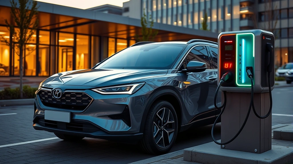 Electric SUV charging at public charging station with modern architecture background, showing charging port connected and charging indicator lights illuminated on vehicle