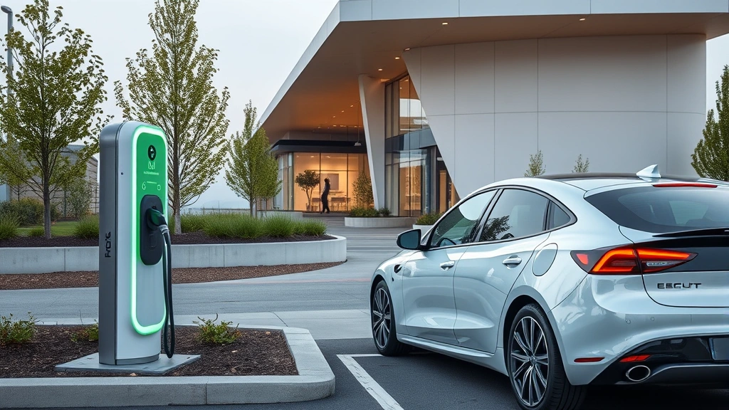 Electric vehicle charging at a modern charging station with sleek design and contemporary architecture in background