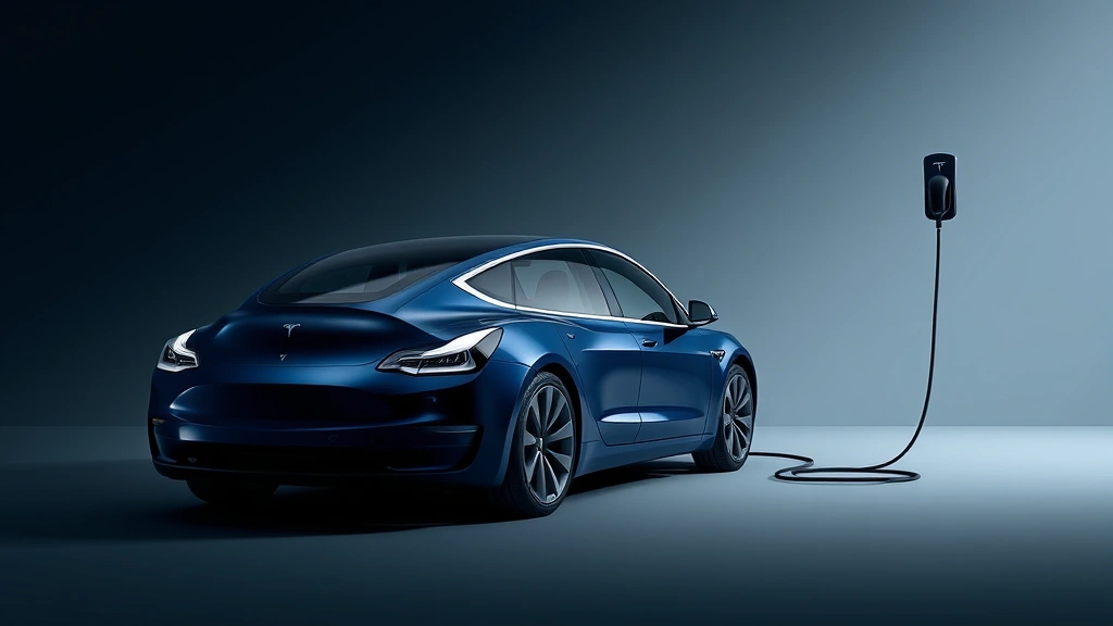 2024 Tesla Model 3 electric sedan in midnight blue, dynamic angle with charging cable, modern minimalist background