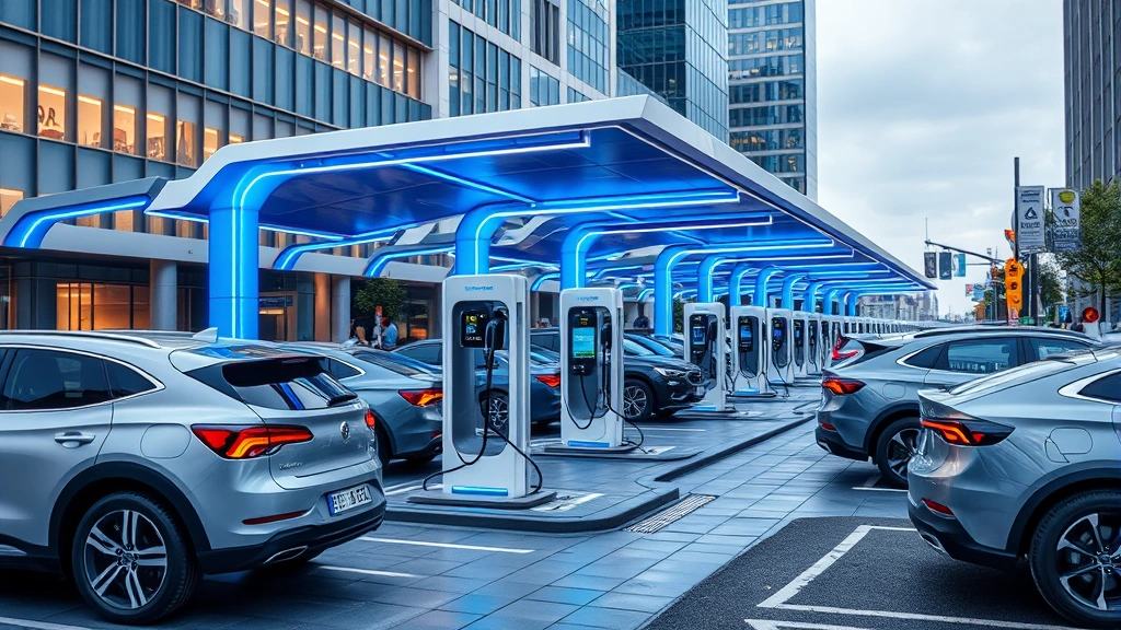 Modern charging station network with multiple vehicles plugged in, contemporary urban setting, blue and white color scheme, futuristic infrastructure design