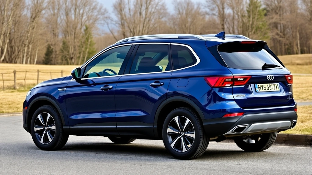 Three-row family SUV in deep blue color, photographed from three-quarter angle in natural outdoor setting, showcasing spacious profile and practical design with clear visibility of all body lines