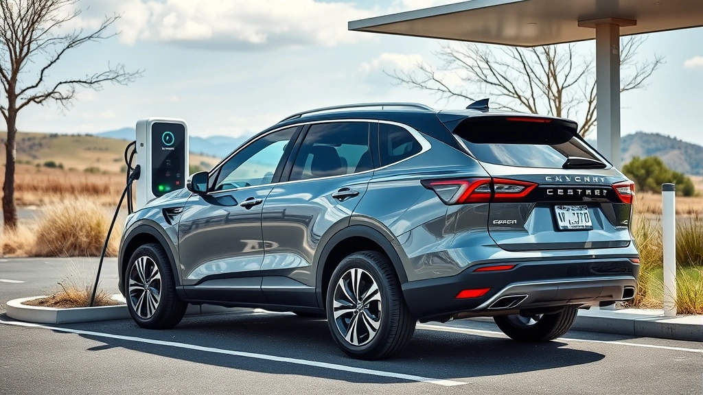 Electric SUV charging at public charging station with landscape background, showing practical everyday electric vehicle usage, daytime photography with clear sky