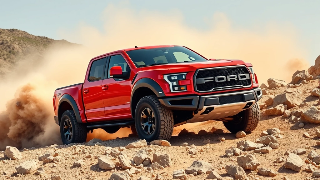 2024 Ford F-150 Raptor R red truck climbing rocky terrain with dust cloud, aggressive off-road capability demonstrated, natural lighting, rugged landscape setting