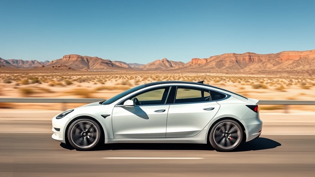 2024 Tesla Model 3 Performance in pearl white multi-coat, side profile view on empty highway with desert landscape and blue sky, sleek aerodynamic design emphasized