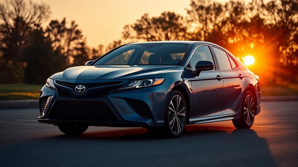 Sophisticated 2024 Toyota Camry Hybrid sedan in metallic blue finish photographed during golden hour sunset lighting, emphasizing refined curves and luxurious presence, premium automotive lifestyle photography style