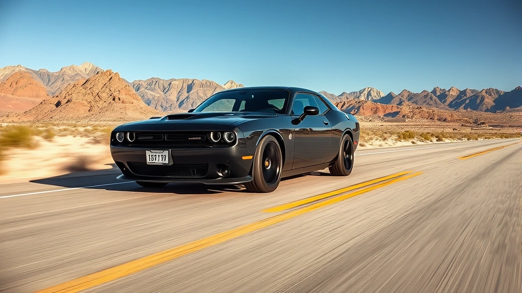 Dodge Charger R/T muscular black sedan on desert highway with mountains in distance, powerful stance, motion-implied perspective