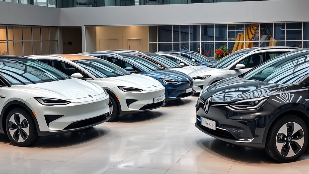 Diverse lineup of 2024 electric vehicles parked together on modern showroom floor, luxury and mainstream models, professional automotive photography style