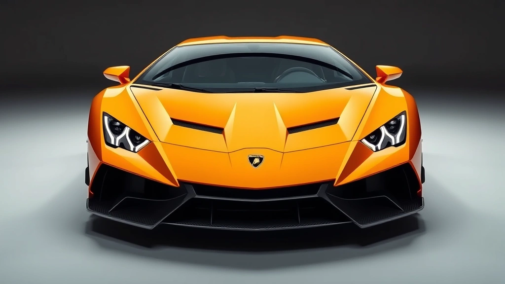 Lamborghini Revuelto hybrid supercar with distinctive wedge-shaped design, vibrant yellow-orange color, dramatic low-angle front three-quarter view emphasizing futuristic styling, carbon fiber body panels reflecting light, modern hypercar proportions and aggressive diffuser visible