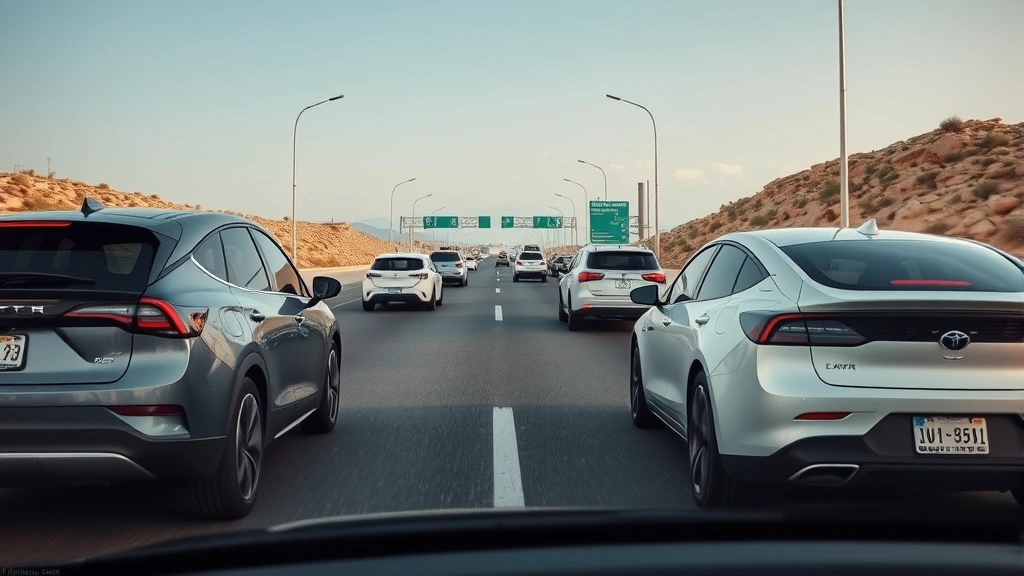 Highway driving scene with multiple modern vehicles including electric and hybrid models, clear weather, contemporary automotive landscape photography