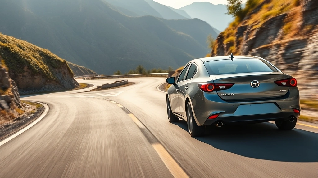 Mazda3 sedan in motion on winding mountain road, dynamic angle capturing performance character, professional automotive photography, natural daylight