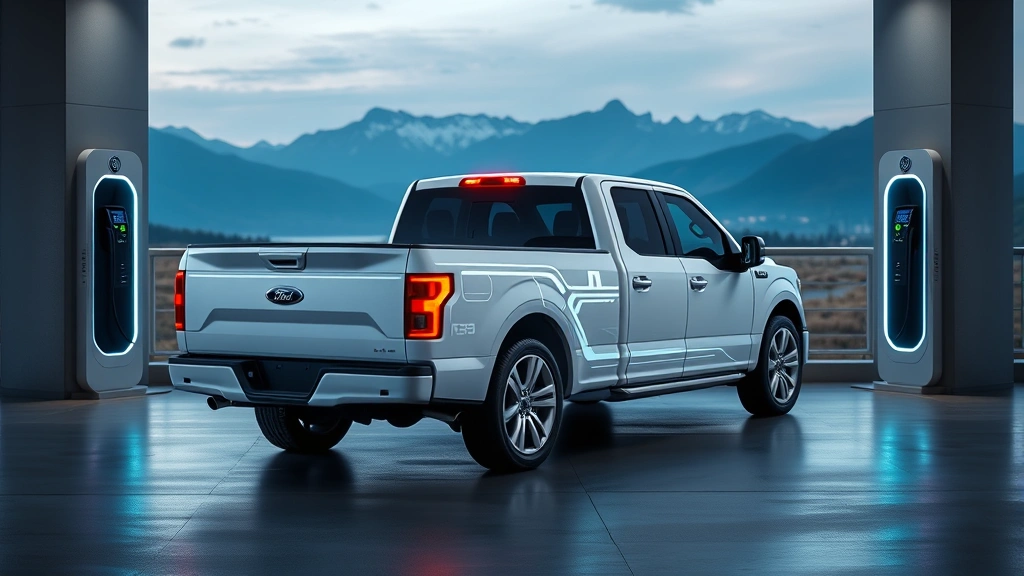 2024 Ford F-150 Lightning electric truck in pearl white, parked at modern charging station with mountains in background, emphasizing futuristic design, integrated LED lighting, and innovative truck bed configuration