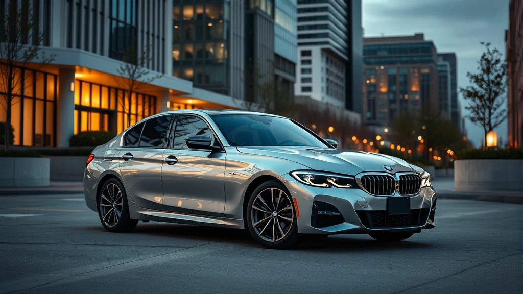 Luxury BMW 3 Series parked in upscale urban setting with modern architecture, evening lighting emphasizing premium exterior design and sophisticated styling details