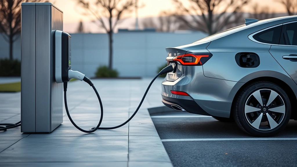Electric sedan charging at modern charging station with connector attached, minimalist design, evening lighting, showcasing sustainable transportation technology and infrastructure