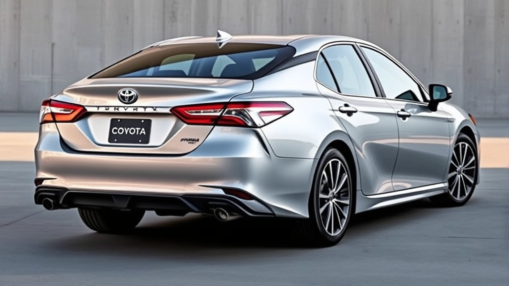 2024 Toyota Camry hybrid sedan in premium silver, rear three-quarter view emphasizing sophisticated styling, professional automotive photography, natural lighting