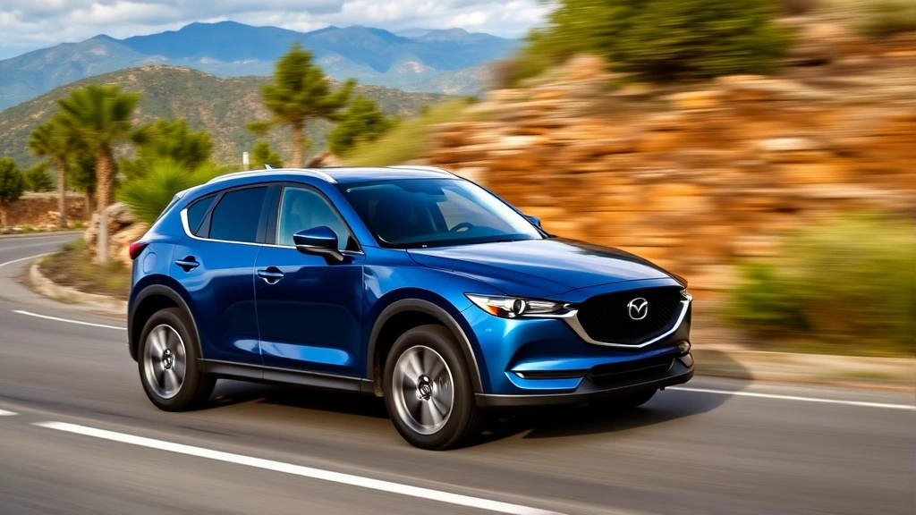 Mazda CX-5 Turbo compact SUV in deep blue pearl, dynamic driving angle on mountain road, natural landscape background, automotive action photography, professional quality