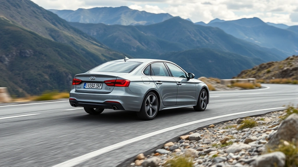 Sedan driving dynamic scene showing vehicle cornering smoothly on mountain road, responsive handling demonstration, performance-oriented driving scenario, scenic background