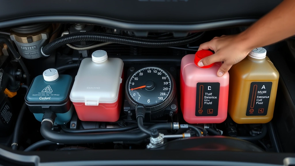 Complete fluid reservoir check demonstration under vehicle hood showing coolant, oil, transmission fluid, and power steering fluid containers with proper fill level indicators clearly visible