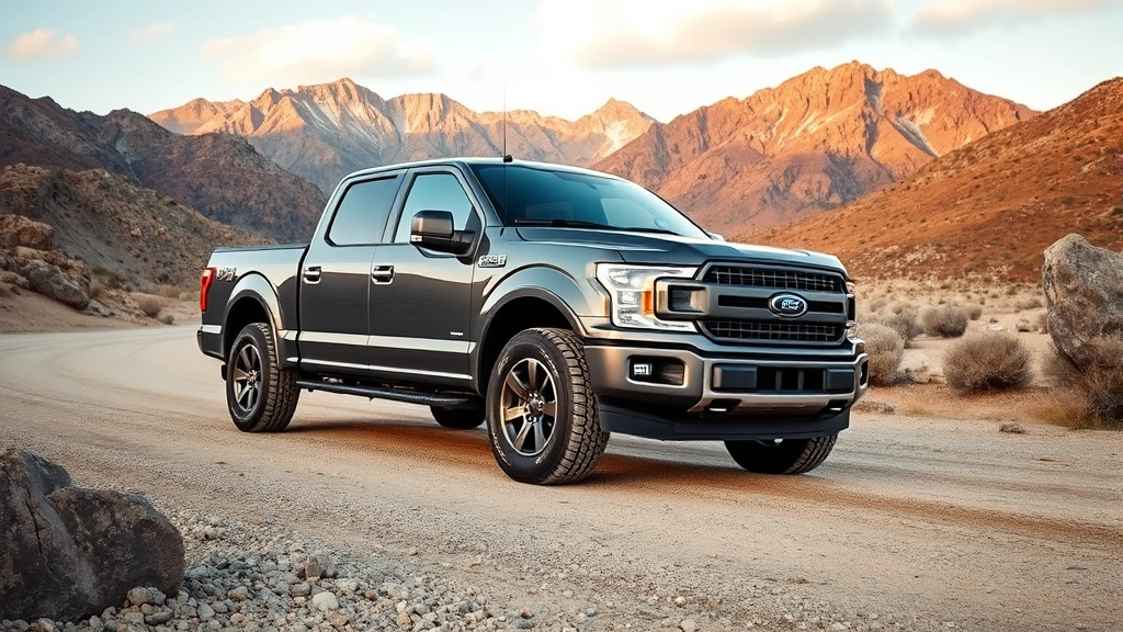 Full-size pickup truck photographed in rugged outdoor terrain with mountains background, towing capacity demonstrated, all-terrain tires visible, professional automotive photography, no text overlays or badging visible