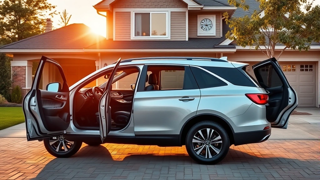 Three-row family SUV parked in suburban driveway with contemporary home, showing spacious interior with all doors open, golden hour lighting highlighting premium materials and technology dashboard