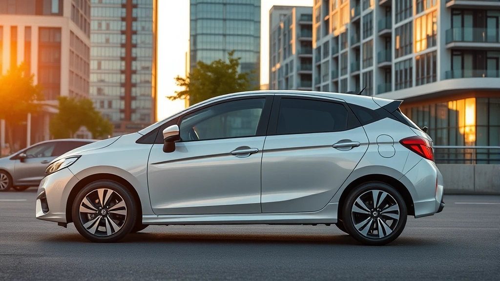Modern compact sedan parked in urban environment with contemporary architecture background, golden hour sunlight, clean detailed automotive photography, emphasis on sleek proportions and contemporary design elements