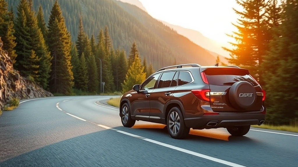 Family-oriented SUV photographed on scenic mountain road with evergreen forest landscape, dynamic angle showing vehicle capability, golden hour lighting, motion implied through composition, adventure lifestyle aesthetic